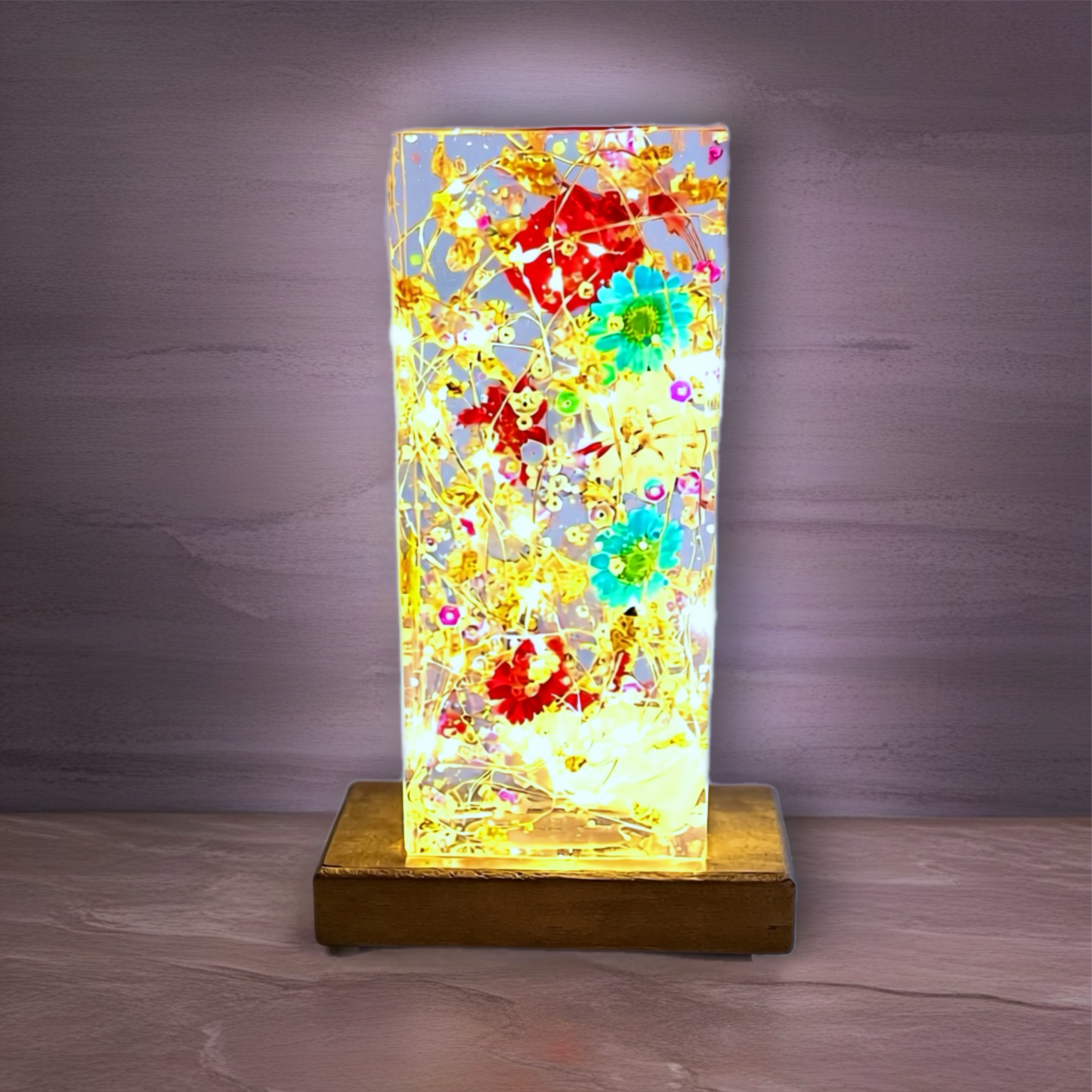 Handmade Floral Resin Lamp with Fairy Lights
