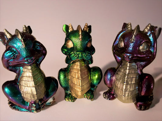 Iridescent “See No Evil, Hear No Evil, Speak No Evil” Baby Dragon Trio – Handcrafted Resin Figurines