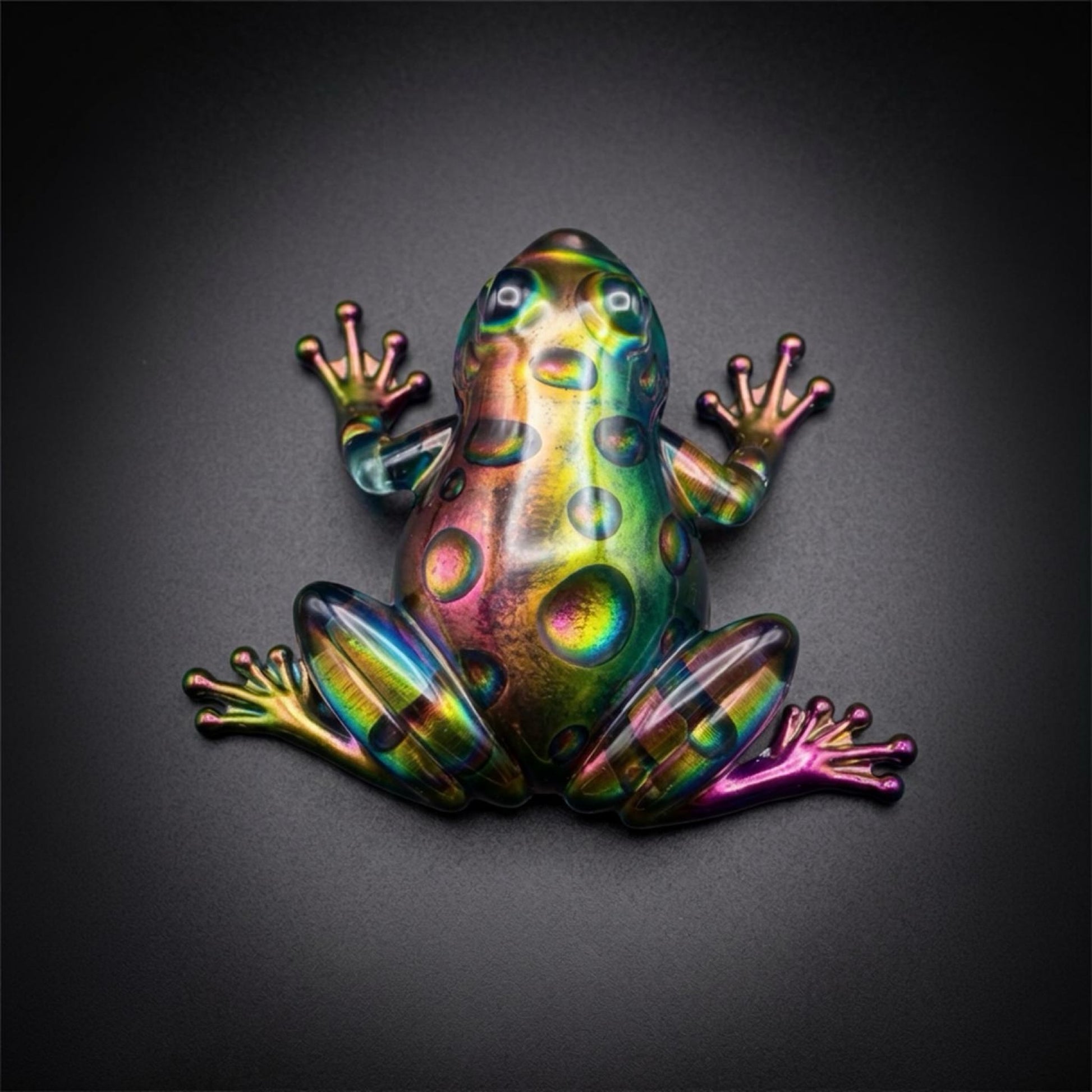 Handmade iridescent color-shift resin frog sculpture with glossy finish in emerald, gold, blue, violet, and magenta.
