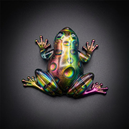 Handmade iridescent color-shift resin frog sculpture with glossy finish in emerald, gold, blue, violet, and magenta.