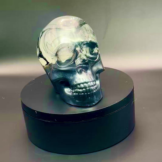 Luminous Midnight Glow Skull — Handcrafted Resin Art in PearlescentBlack & Aqua Blue